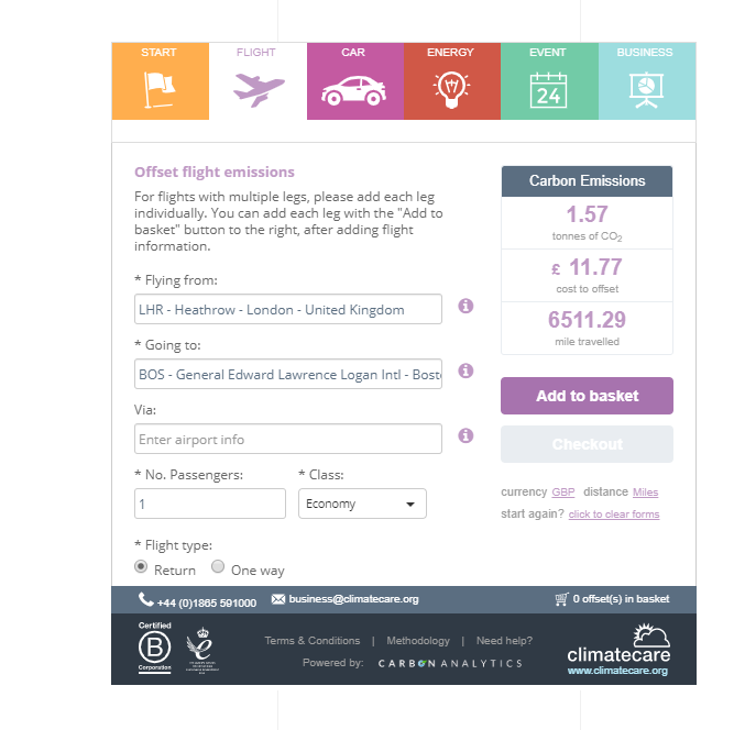 Climate Care Carbon footprint offset calculator